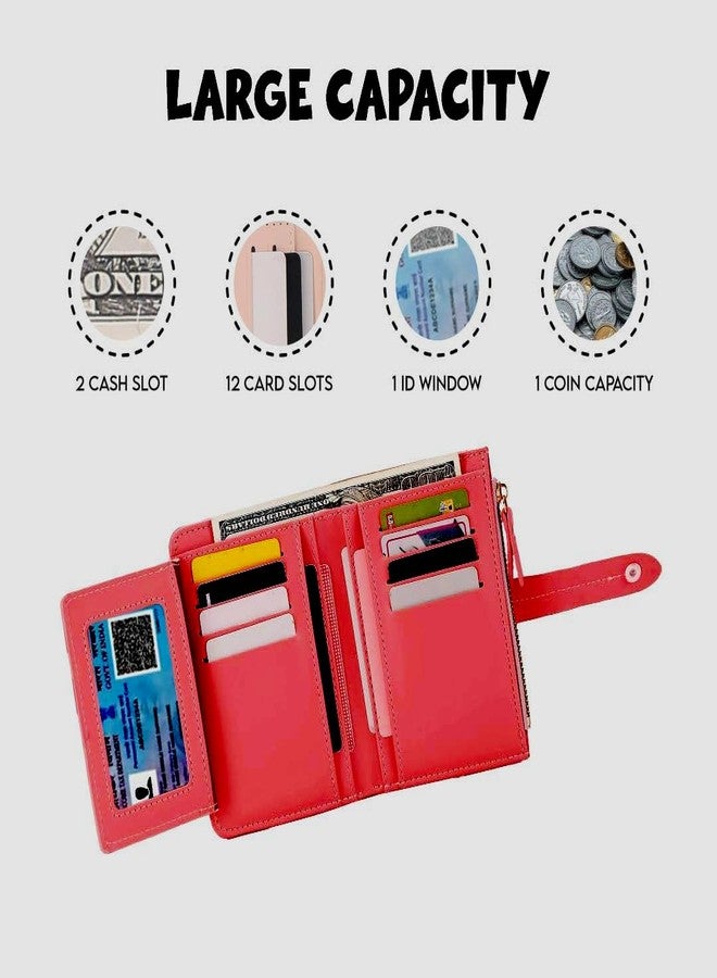 Elios Women's Wallet Vegan Leather Bifold Small Card Holder Coin Holder Compact Ladies Purse with 12 Card Slots, Zipper Pocket and RFID Blocking | Snap Closure | Mini Purse for Women (Red) - Image 4